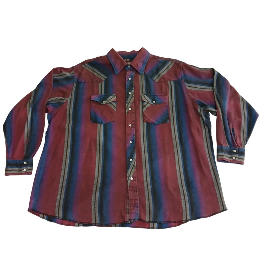 Wrangler Western Pearl Snap Shirt Men's 2X Big Man Burgundy Stripe 100% Cotton